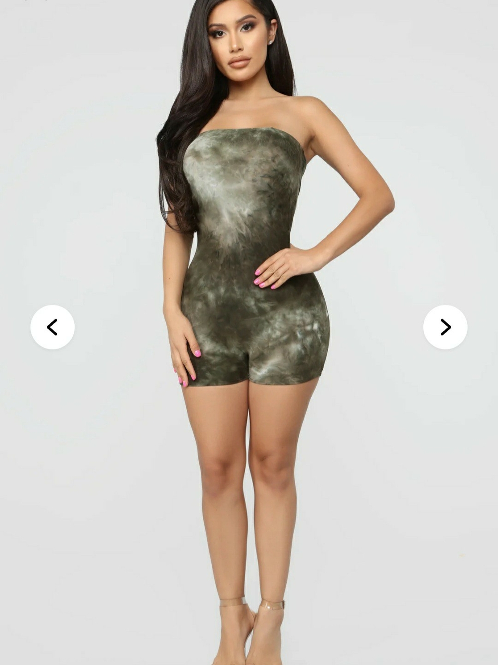 Fashion Nova Olive Tie-Dye Strapless Romper